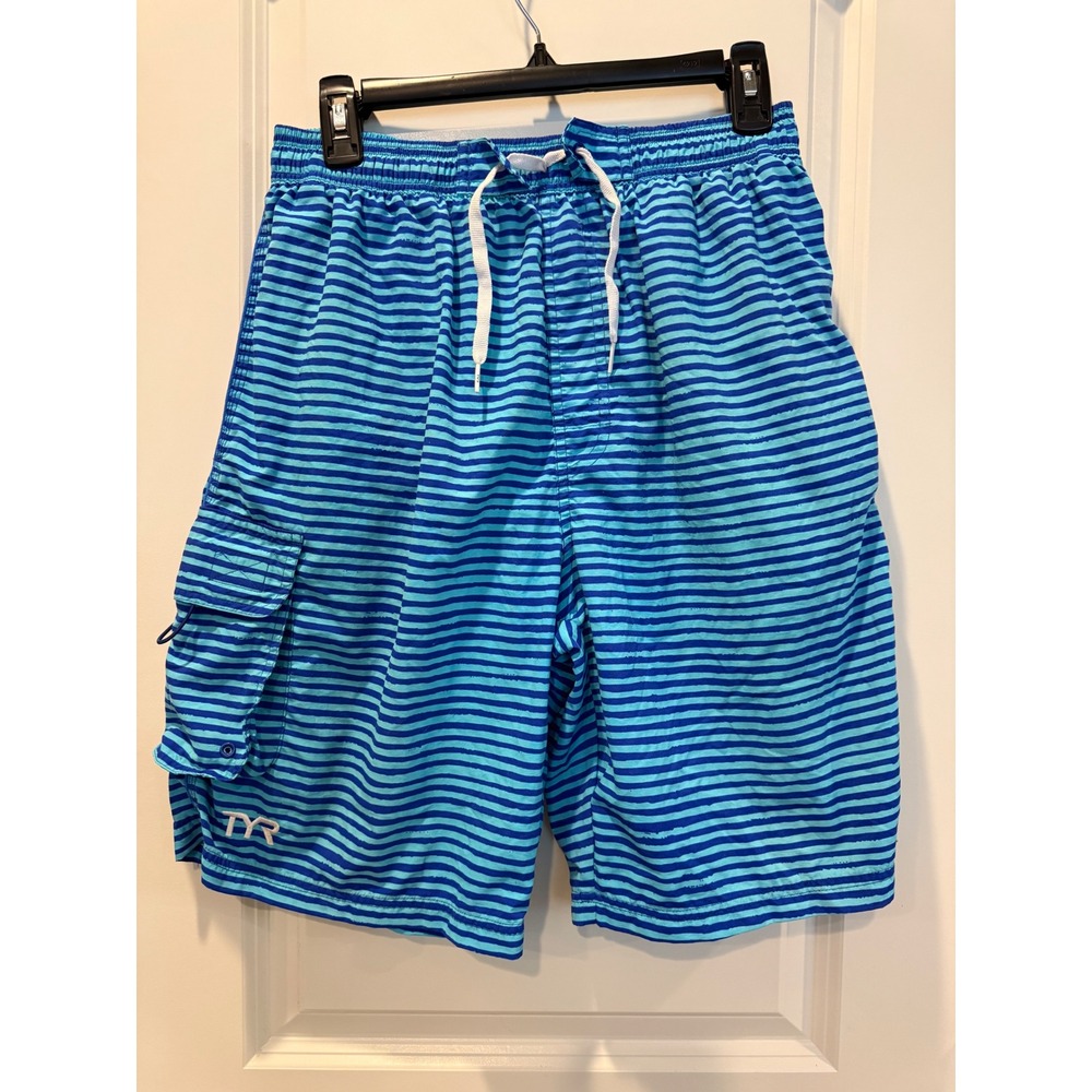 TYR Mens Swim Trunks Blue Striped Cargo Pocket Board Shorts Mesh‎ Lined Medium